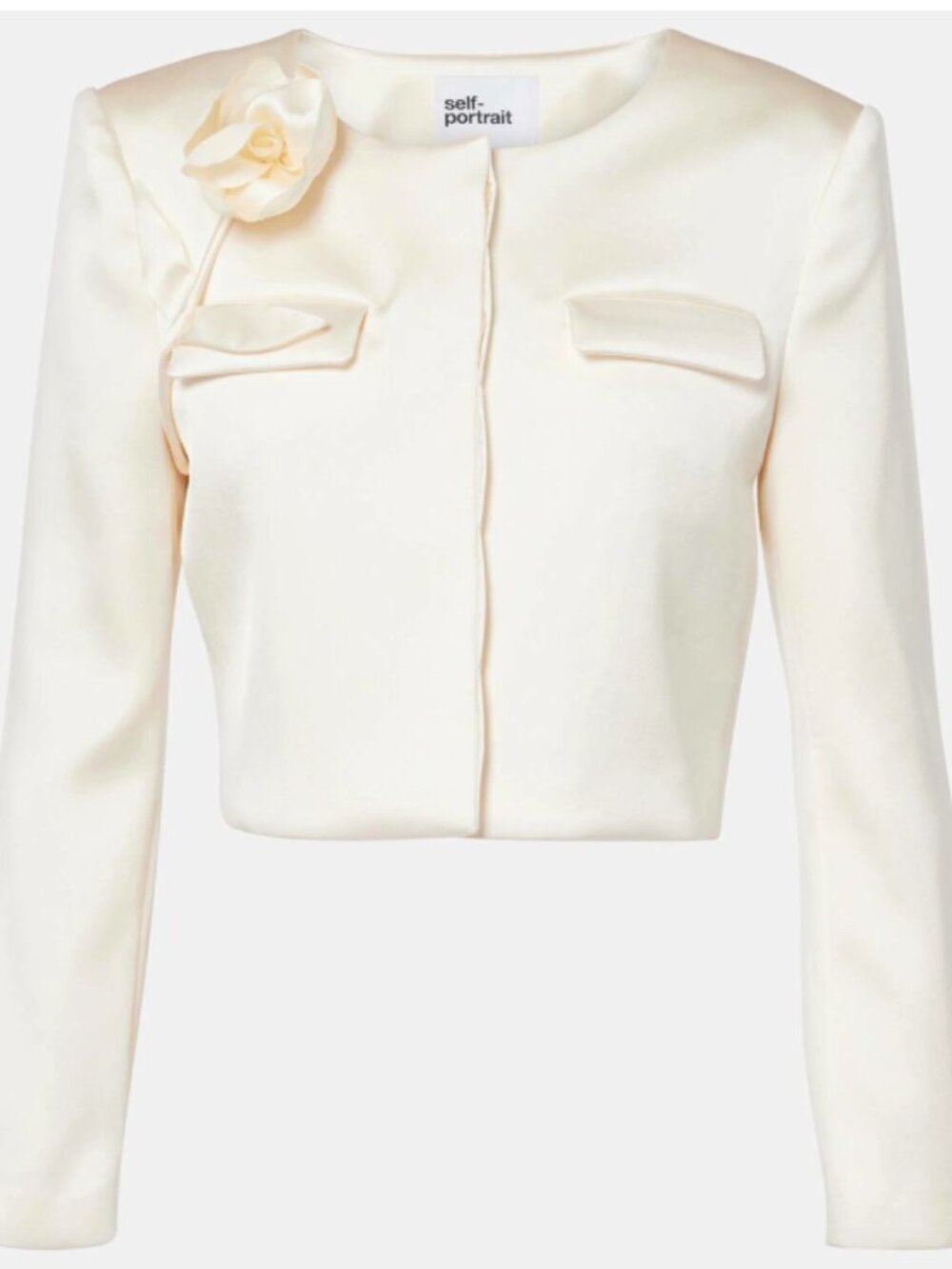 Self-Portrait Cream 3D Flower Satin Blazer Women's with Flower and Pockets NWT